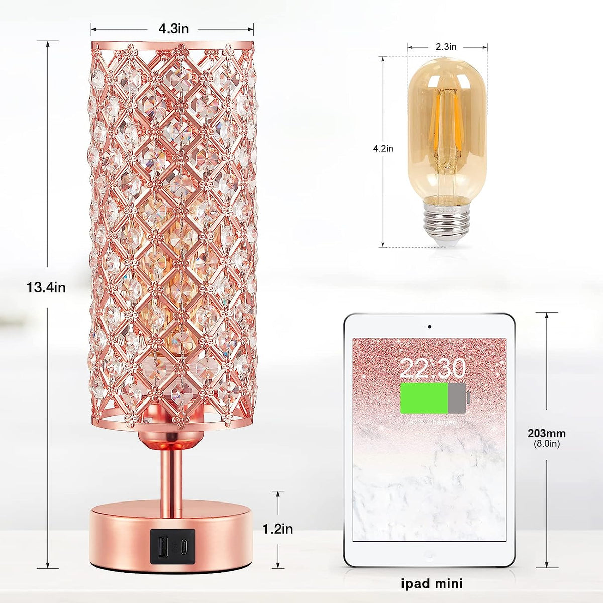 Pink Crystal Table Lamp, 3 Way Dimmable Touch Lamps for Night Stands