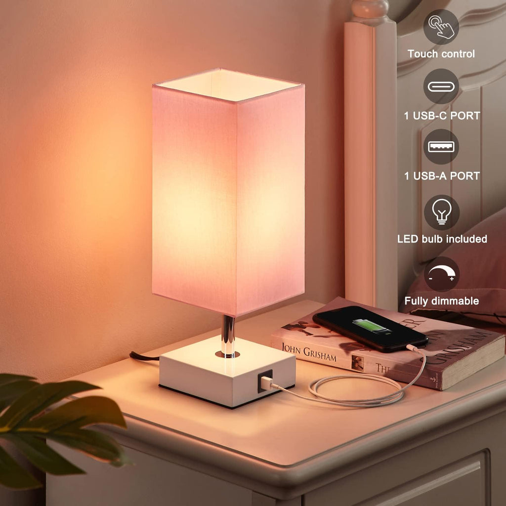 Pink Touch Table Lamp for Bedroom - Dimmable, USB C+A, Girls Bedside Lamp