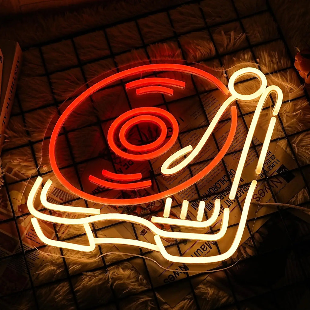 Record Player Neon Sign Retro Red Warm Music Record Neon Light for Music Studio Decor Live Music Bedroom Beer Bar Decoration